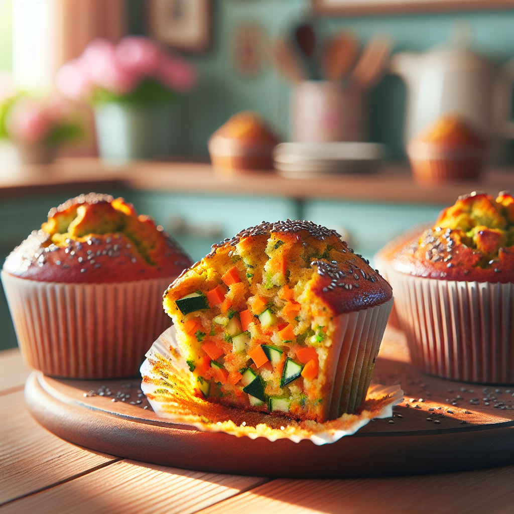 A close-up of freshly baked sweet veggie muffins, showcasing a sliced muffin revealing vibrant, finely grated carrots and zucchini, with a golden-brown crust and a sprinkle of chia seeds on top. The out-of-focus home kitchen background features soft pastel-colored cabinets and rustic wooden countertops, giving a warm, inviting feel. Natural light pours in from a nearby window, highlighting the muffins' textures and enhancing the cozy atmosphere with gentle shadows and a hint of steam rising from the freshly baked goods.