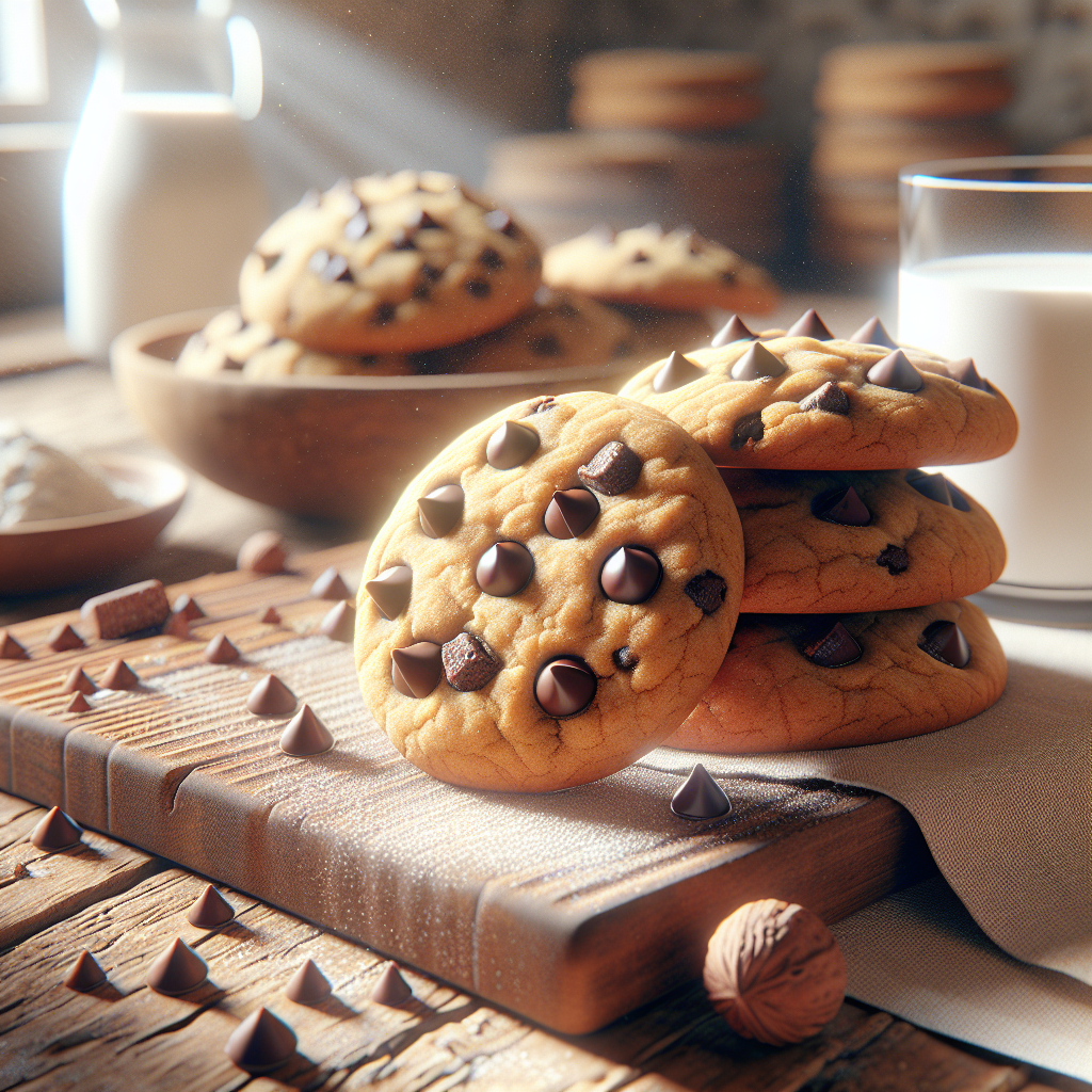 A close-up of freshly baked Tigernut Flour Chocolate Chip Cookies, showcasing their golden-brown edges and gooey chocolate chips melting slightly in the center. The background features a softly blurred home kitchen with warm, inviting tones, emphasizing a rustic wooden countertop and a delicate dish cloth draped nearby. Soft, natural light filters in from a window, illuminating the cookies and enhancing their rich texture, while hints of raw tigernut flour and a glass of milk sit subtly in the background to evoke a comforting, homely atmosphere.