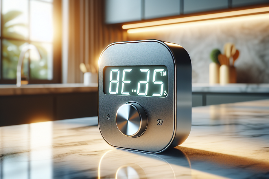 A sleek digital kitchen timer sits on a marble countertop, its display brightly lit and counting down. Soft, warm light filters through a nearby window, casting gentle shadows across the blurred background of a modern kitchen, with the timer's stainless steel finish gleaming in the foreground.