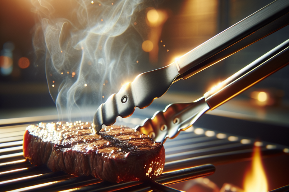 Stainless steel tongs gripping a sizzling steak on a grill, with steam rising. Blurred kitchen background with warm, golden lighting casting highlights on the metal surface. Embers glow faintly beneath the grates, adding depth and atmosphere to the scene.