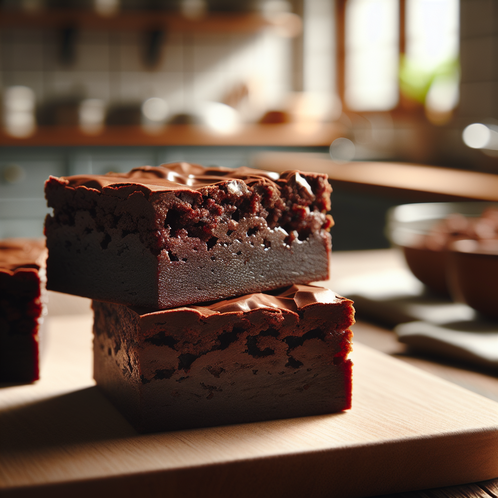 A close-up of a decadent slice of Triple Chocolate Millet Brownies, showcasing rich, gooey layers of chocolate and the delicate, textured surface of the brownies. The background features a softly blurred home kitchen with warm wooden countertops and baking utensils, evoking a cozy culinary atmosphere. Soft, natural light filters in, illuminating the brownies and enhancing their glossy finish while gentle shadows add depth to the scene.