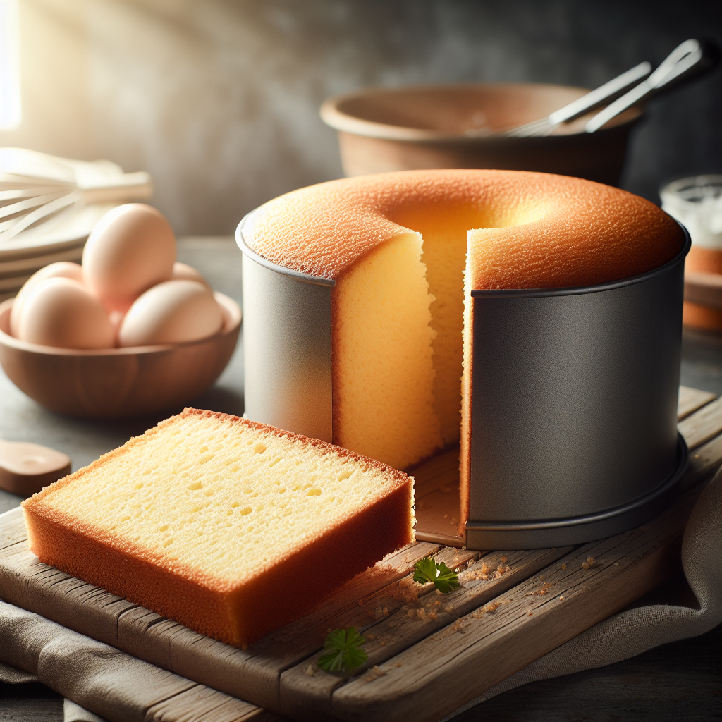 A beautifully baked Tube Pan Sponge Cake, golden and fluffy, sits prominently on a rustic wooden cutting board, with a slice freshly cut to reveal its airy, delicate texture. The background features a softly blurred home kitchen filled with warm, natural light, enhancing the inviting atmosphere, while a few scattered ingredients like fresh eggs and a whisk hint at the recent baking activity. The scene is enriched with subtle details, such as a cloth napkin and a small plate ready to serve, creating a cozy and approachable culinary vibe.