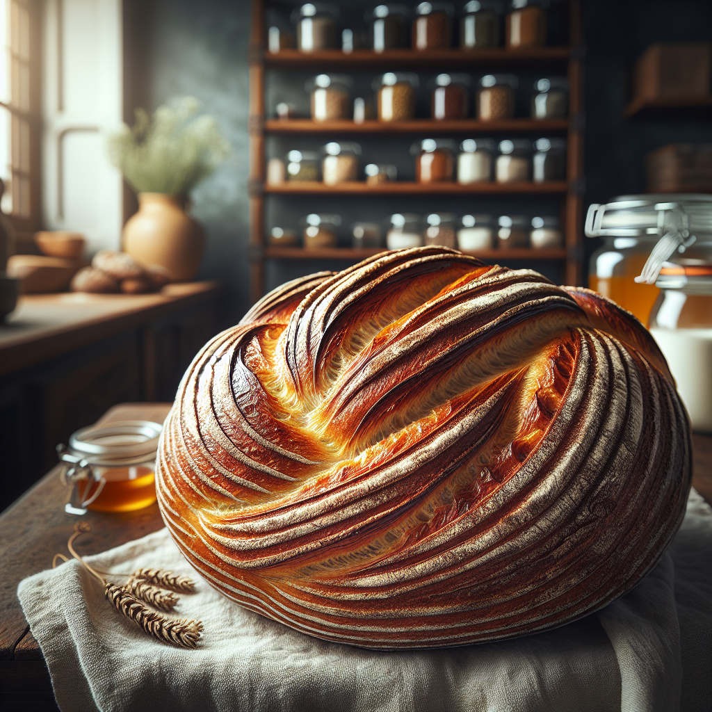 A beautifully baked twisted sweet sourdough loaf, its golden-brown crust glistening with a hint of honey glaze, is elegantly sliced to reveal its soft, airy crumb and the rich interplay of sweet and savory flavors inside. The background features a softly blurred rustic kitchen, adorned with wooden shelves filled with jars of spices and fresh herbs, creating a warm culinary atmosphere. Soft, natural light spills in through a nearby window, enhancing the textures of the bread while casting gentle shadows that add depth and warmth to the scene.