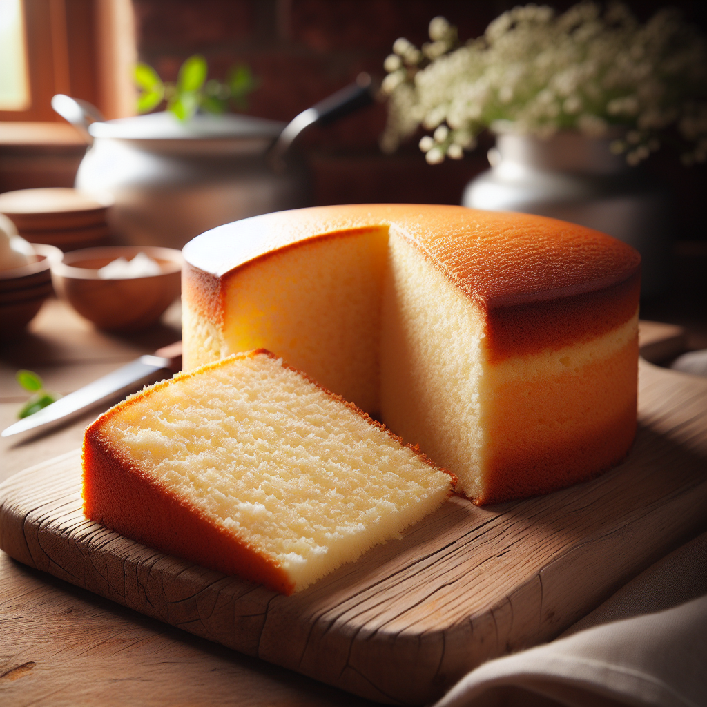 A beautifully sliced vanilla sponge cake, showcasing its soft, fluffy interior and delicate crumb, rests on a rustic wooden cutting board. The warm, natural light from a nearby window softly illuminates the cake, accentuating its light golden hue and the subtle sheen of a thin layer of vanilla frosting. In the blurred background, a cozy home kitchen is hinted at with pots, fresh ingredients, and a vase of fresh flowers, enhancing the inviting atmosphere of a welcoming culinary space.