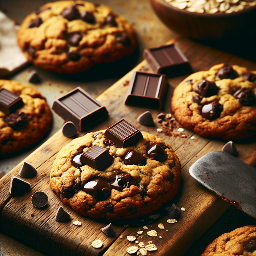 A close-up shot of freshly baked vegan choc chunk cookies, showcasing their gooey chocolate centers and golden edges with a few chunks melting on top. The cookies are placed on a rustic wooden cutting board, with a spatula resting nearby and a small bowl of ingredients scattered with oats and dark chocolate chips in the background, slightly out of focus. The kitchen is warmly lit, creating a cozy and inviting atmosphere, highlighting the rich textures of the cookies and the natural wood grain of the board.