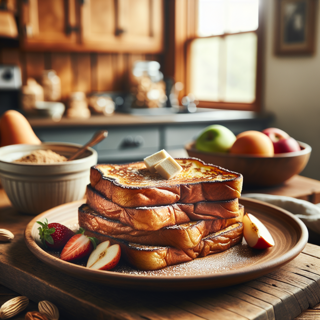 A close-up shot of perfectly golden-brown vegan French toast slices stacked on a rustic wooden plate, showcasing their fluffy texture and a dusting of powdered sugar on top. The scene is set in a cozy home kitchen, with a softly blurred background of warm wood cabinets and a glimpse of fresh fruit and maple syrup on a kitchen counter. Natural morning light pours in through a nearby window, creating a bright and inviting atmosphere that highlights the delightful details of the French toast.