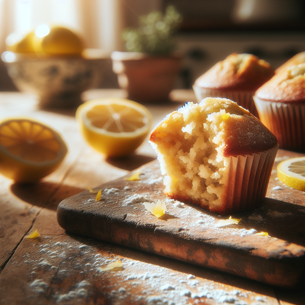 A close-up of freshly baked vegan lemon banana muffins on a rustic wooden countertop, one muffin sliced open to reveal its moist, fluffy interior accentuated by flecks of lemon zest. In the softly blurred background, warm sunlight filters through a kitchen window, casting gentle shadows and highlighting the textured surfaces of the kitchen. The scene is enhanced by a delicate scattering of flour and a small bowl of fresh lemons, evoking a cozy, inviting atmosphere perfect for enjoying homemade treats.