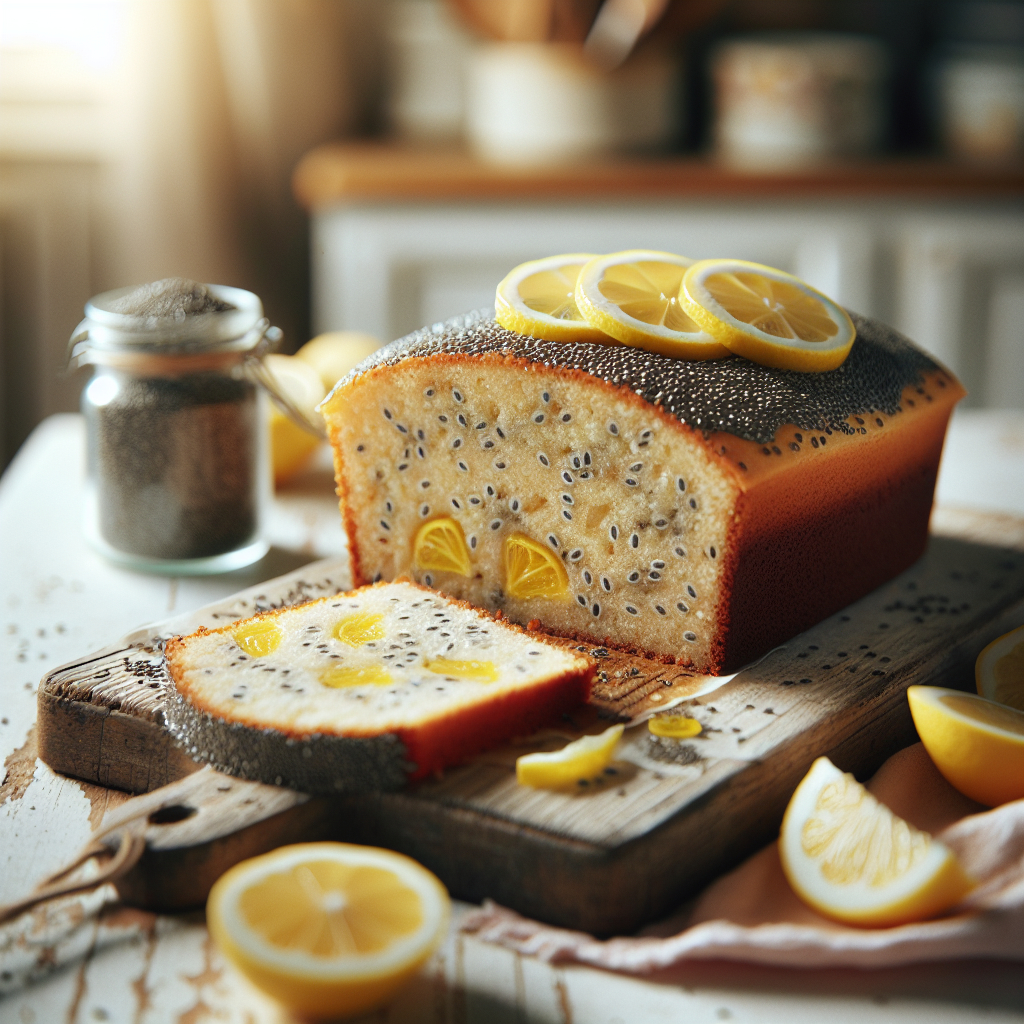 A beautifully sliced vegan lemon chia cake, showcasing its moist interior speckled with chia seeds and zesty lemon, rests on a rustic wooden cutting board. The background features an out-of-focus home kitchen with soft pastel colors, accentuated by warm, natural light streaming in from a nearby window, creating a cozy atmosphere. Surrounding the cake are delicate lemon slices and a small jar of chia seeds, adding freshness and detail to this inviting culinary scene.