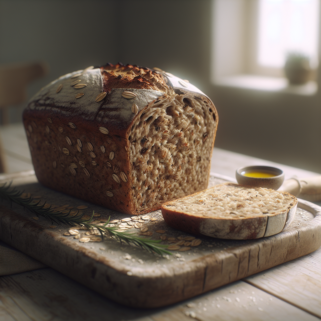 A freshly baked loaf of vegan oat bread, sliced to showcase its hearty, moist interior with visible oats and seeds, rests invitingly on a rustic wooden cutting board. The background features a softly blurred modern kitchen with subtle hints of warm sunlight filtering through a window, casting a gentle glow. Nearby, a small bowl of olive oil and a sprig of rosemary complement the bread, adding a touch of rustic charm to the scene.