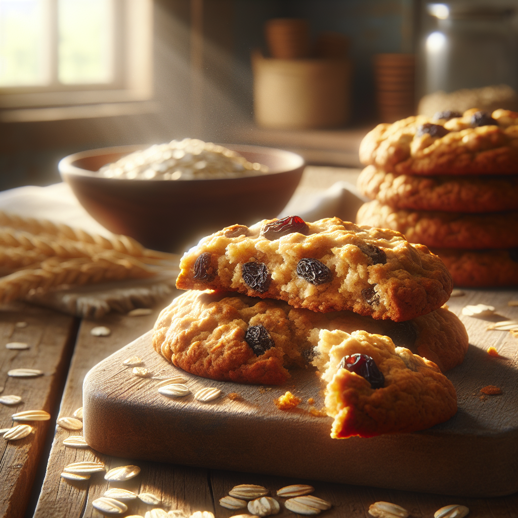 Close-up of a freshly baked vegan oatmeal raisin cookie, showcasing its chewy texture and golden-brown edges, with a piece broken off to reveal the soft, moist center studded with plump raisins. In the softly blurred background, a cozy home kitchen setting is visible, featuring rustic wooden countertops and a bowl of rolled oats nearby, evoking a warm and inviting atmosphere. The scene is illuminated by bright, natural light streaming through a window, enhancing the rich colors and textures of the cookie while creating a sense of homely delight.