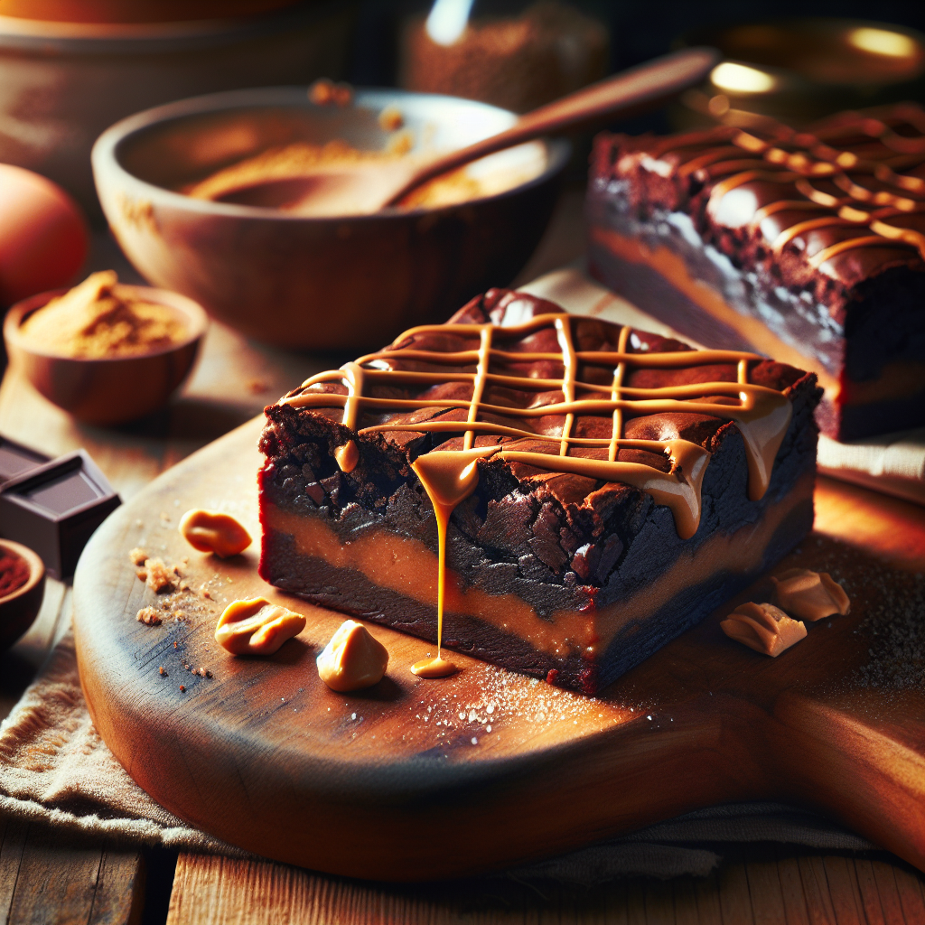 A close-up of rich, fudgy vegan peanut butter brownies with a glossy, drizzled peanut butter topping, showcasing the moist texture and dark, chocolaty interior from a freshly cut piece. The setting is a cozy, warmly-lit home kitchen, with soft, ambient lighting highlighting the brownies on a rustic wooden cutting board, while an out-of-focus assortment of baking tools and ingredients subtly complement the scene. The image captures a inviting, homey atmosphere, enhancing the warmth and allure of these delectable treats.