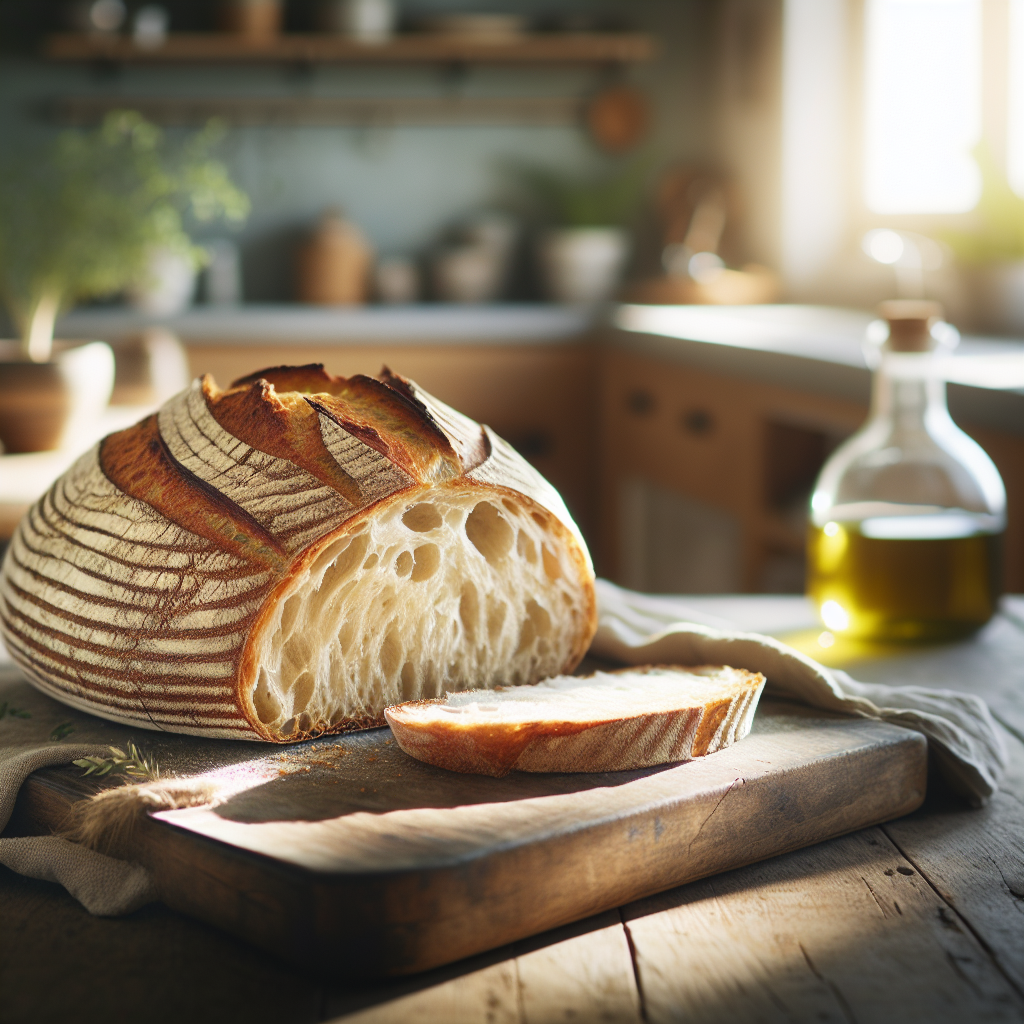 A beautifully crusty vegan sourdough bread, freshly sliced to reveal its airy, open crumb and golden interior, sits prominently on a rustic wooden cutting board. In the softly blurred background, a sunlit kitchen reveals a minimalist aesthetic with hints of greenery and natural textures, creating a warm and inviting atmosphere. The scene is illuminated by gentle, diffused lighting, accentuating the bread’s texture and the gleam of a nearby olive oil bottle, inviting an immersive culinary experience.