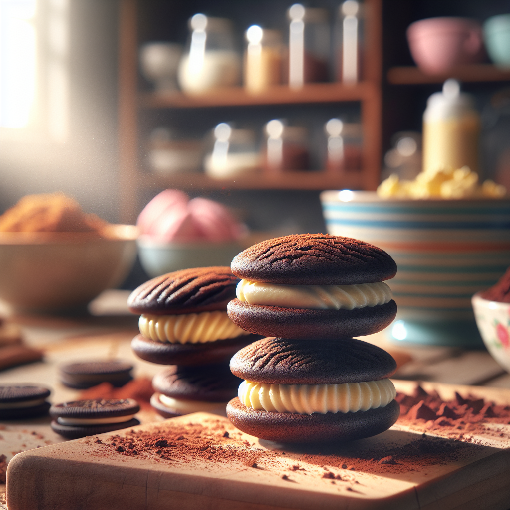 Close-up of delicious vegan whoopie pies, perfectly stacked and showcasing a creamy filling oozing from the sides. The setting is a softly lit rustic kitchen with wooden countertops and a blurred background of colorful mixing bowls and baking utensils, creating a warm and inviting atmosphere. Natural light streams in, enhancing the textures of the whoopie pies, while a sprinkle of cocoa powder nearby adds an extra touch of visual interest.