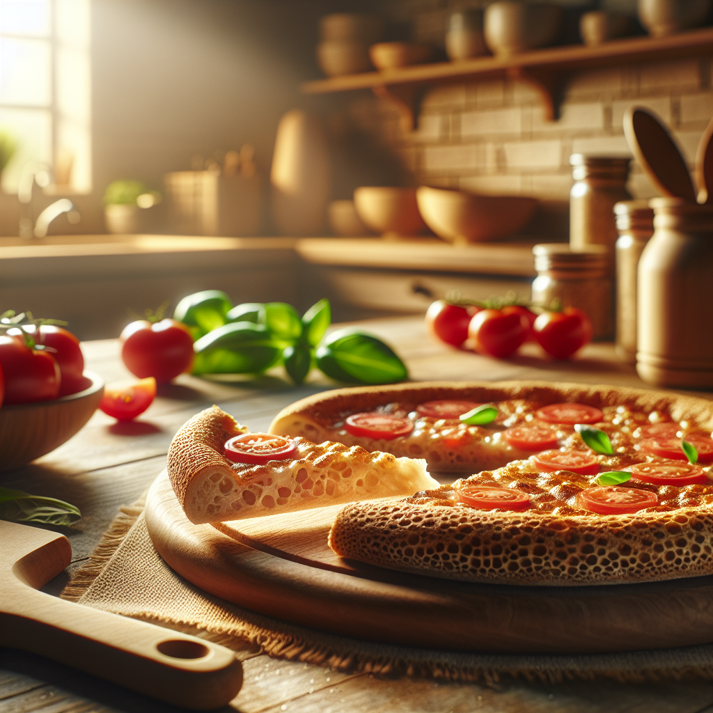 A close-up of a golden-brown wheat pizza base, showcasing its airy, textured crust with a slice neatly pulled away to reveal the soft, fluffy interior. Set in a cozy, home kitchen with warm, inviting tones, the background is blurred to emphasize the pizza. Soft, natural light filters in, creating a warm atmosphere, while a wooden pizza peel and fresh ingredients like basil and ripe tomatoes subtly enhance the scene.