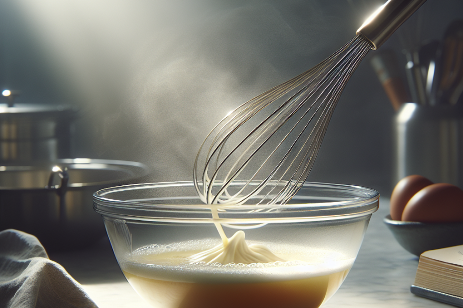 A stainless steel whisk in motion, whisking egg whites in a glass bowl on a marble countertop. Soft natural light streams in from the left, creating gentle shadows and highlighting the frothy texture of the eggs. In the blurred background, glimpses of other kitchen utensils and a cookbook can be seen.