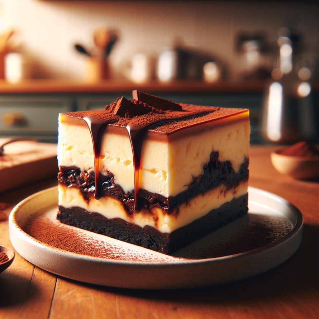 A close-up shot of a decadent slice of White Russian Cheesecake Brownies, showcasing layers of rich brownie, creamy cheesecake, and a drizzle of coffee liqueur glaze. The setting is a cozy home kitchen with wooden countertops and soft-focus kitchen utensils in the background. Warm, natural light filters through a nearby window, highlighting the glossy texture of the brownies and creating an inviting atmosphere, while a sprinkle of cocoa powder rests on the plate for an extra touch of elegance.