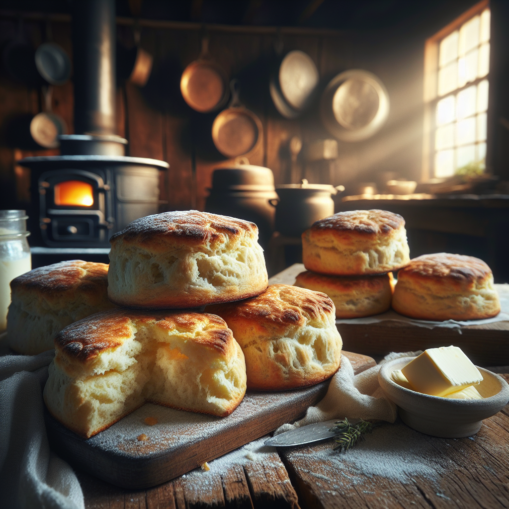 Close-up of warm, flaky Wood Stove Biscuits, freshly baked and slightly golden, with a slice cut to reveal the soft, fluffy interior. Set on a rustic wooden countertop in a cozy home kitchen, the blurred background features a vintage wood stove and pots hanging from the walls, softly illuminated by natural light streaming through a nearby window. A few sprigs of fresh herbs and a dollop of creamy butter nearby enhance the inviting atmosphere, while highlights emphasize the biscuit's texture and warmth.