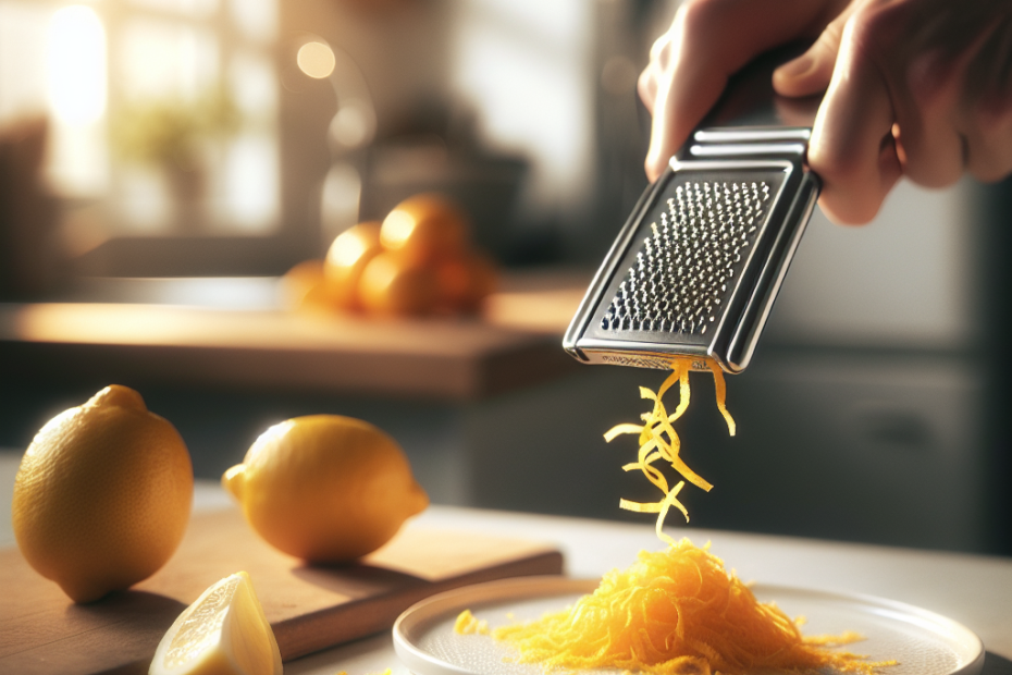 A stainless steel zester in action, grating vibrant lemon zest onto a white ceramic plate. Soft focus kitchen countertop in the background, warm natural light streaming in from a nearby window. Scattered lemon peels and a half-zested lemon add context to the scene.