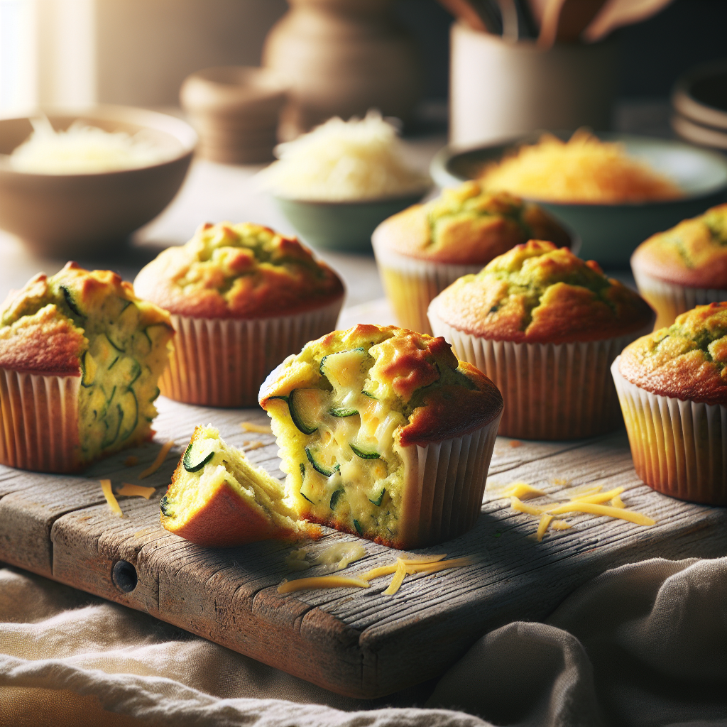 A close-up image of freshly baked Zucchini Cheese Muffins, some muffins arranged on a rustic wooden cutting board, with one muffin cut in half to reveal a moist, cheesy interior filled with green flecks of zucchini. The background features a softly blurred home kitchen setting with warm, natural light streaming through a window, highlighting the inviting textures of the muffins and the warmth of the kitchen atmosphere. A few scattered kitchen utensils and a small bowl of grated cheese can be seen in the out-of-focus background, enhancing the culinary context.